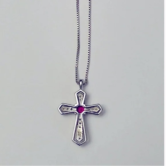 Genuine Diamonds & Pink Sapphire Cross Pendant Necklace on 925 Sterling Silver - Picture 2 of 8